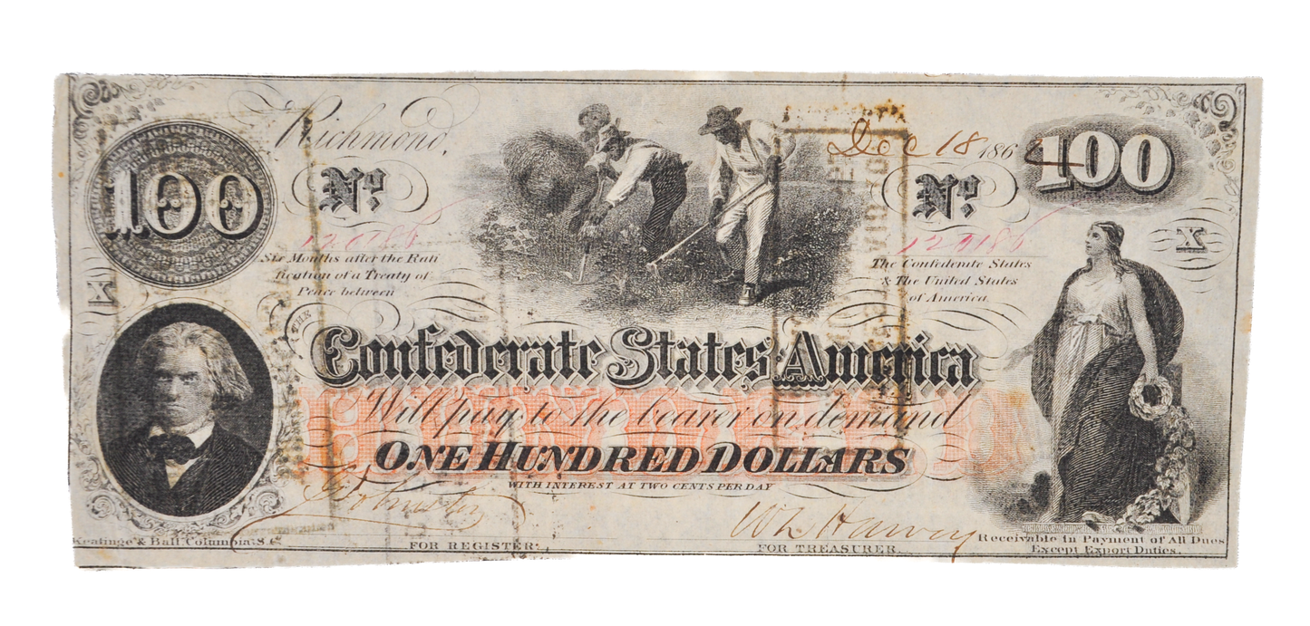 1862 Confederate States 100 Dollar Note - Interest Paid Stamps on Reverse - 1862 Civil War CSA One Hundred Dollar Banknote - CS-41/T-41