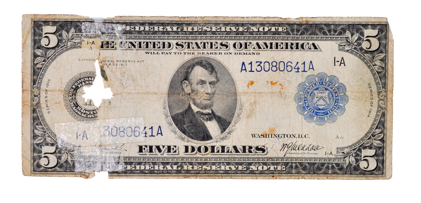 1914 Large Size 5 Dollar Federal Reserve Note - Good (G), Repaired - Boston 1-A, Burke-McAdoo Signatures - 1914 Five Dollar Note - Fr.844