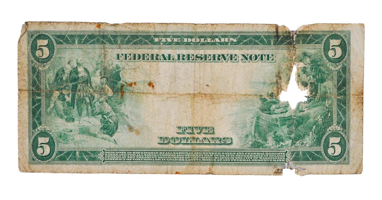 1914 Large Size 5 Dollar Federal Reserve Note - Good (G), Repaired - Boston 1-A, Burke-McAdoo Signatures - 1914 Five Dollar Note - Fr.844