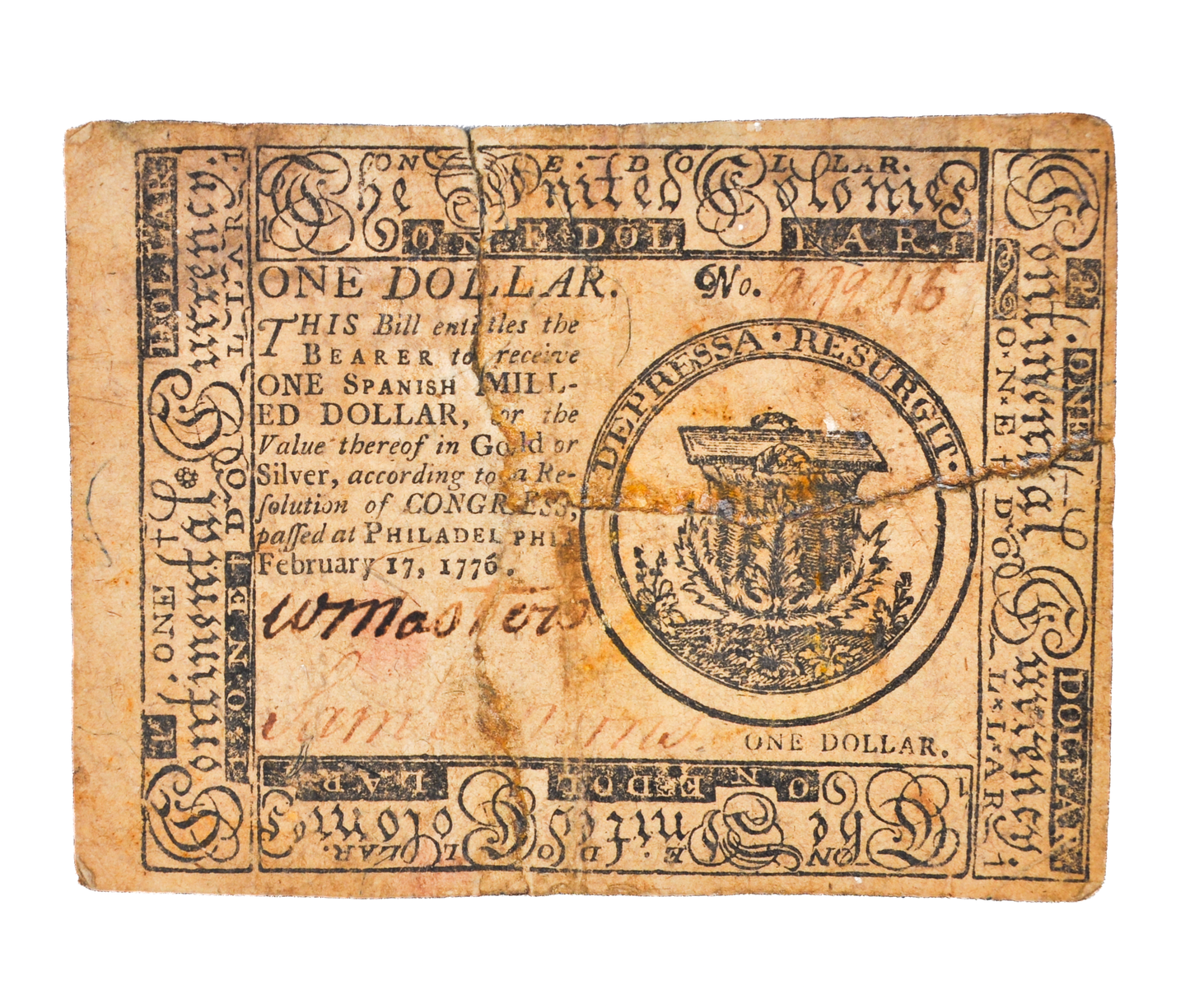 26 de febrero de 1777, billete de 7 dólares de la Moneda Continental - Billete de la Guerra de Independencia - Billete de Siete Dólares del Congreso Continental de Baltimore