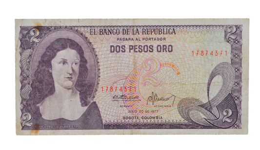 1977 Colombia 2 Peso Oro Note - Small Serial Numbers - 1977 Colombian Banco de la Republica Two Pesos Oro Banknote - P#413b