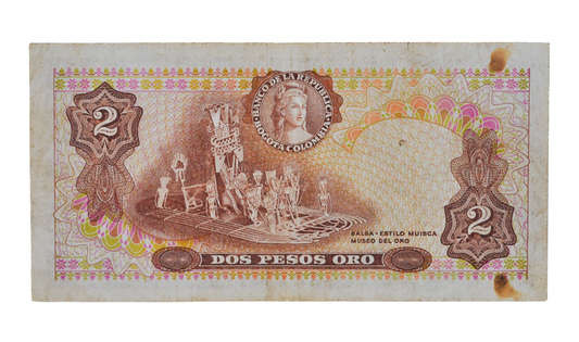 1977 Colombia 2 Peso Oro Note - Small Serial Numbers - 1977 Colombian Banco de la Republica Two Pesos Oro Banknote - P#413b