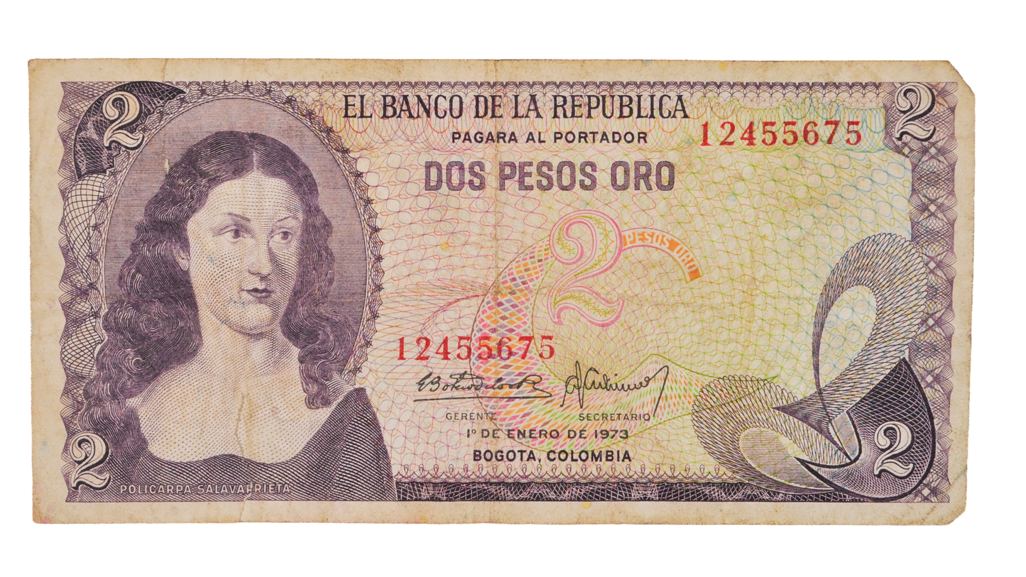 1973 Colombia 2 Peso Oro Note - Large Serial Numbers - 1973 Colombian Banco de la Republica Two Pesos Oro Banknote - P#413a
