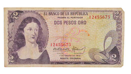 1973 Colombia 2 Peso Oro Note - Large Serial Numbers - 1973 Colombian Banco de la Republica Two Pesos Oro Banknote - P#413a