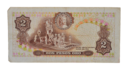 1973 Colombia 2 Peso Oro Note - Large Serial Numbers - 1973 Colombian Banco de la Republica Two Pesos Oro Banknote - P#413a
