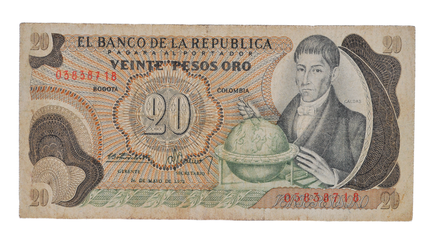 1972 Colombia 20 Peso Oro Note - Dot Date Error (1.972) - 1972 Colombian Banco de la Republica Twenty Pesos Oro Banknote - P#409a