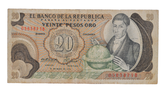 1972 Colombia 20 Peso Oro Note - Dot Date Error (1.972) - 1972 Colombian Banco de la Republica Twenty Pesos Oro Banknote - P#409a
