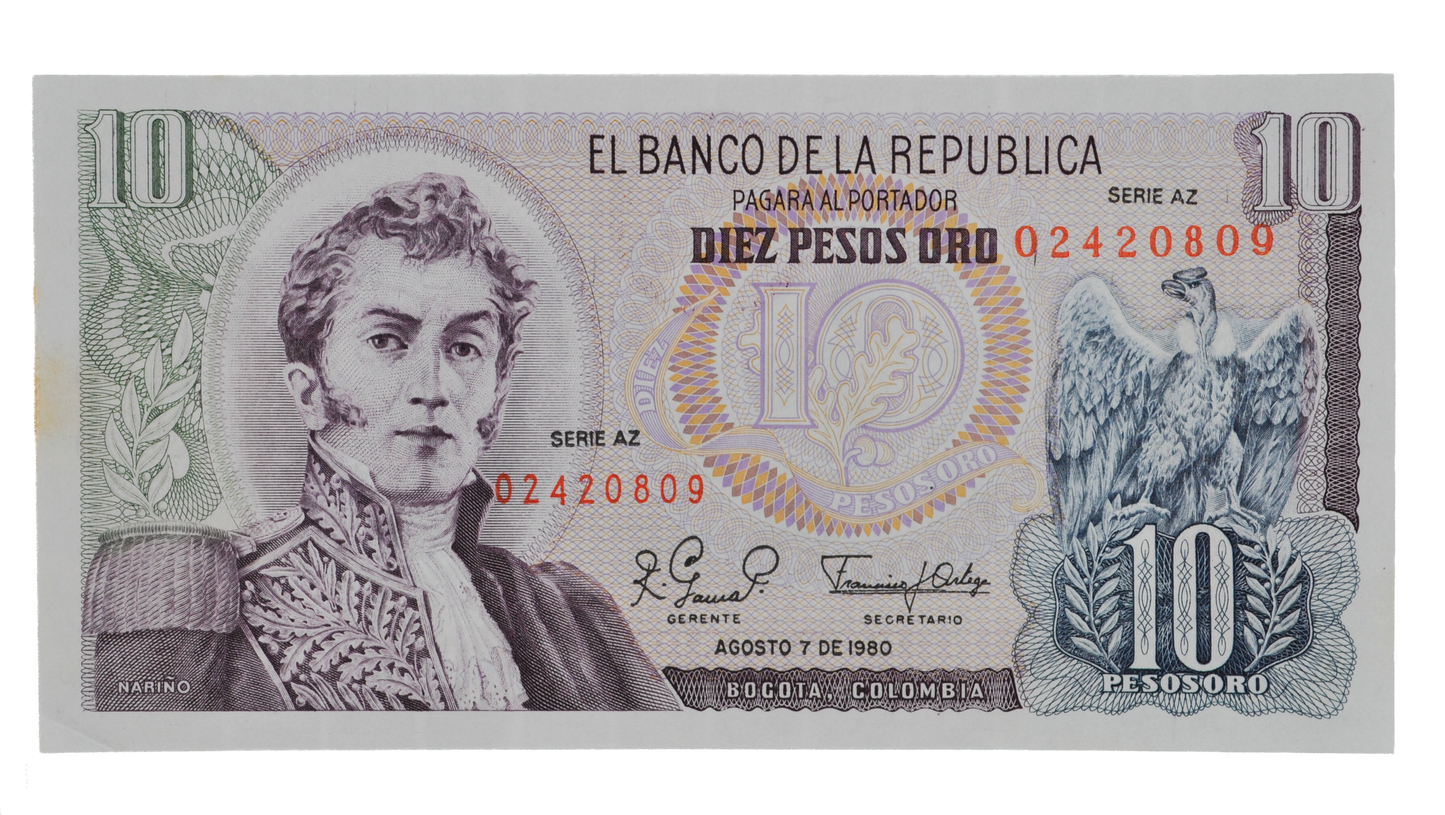 1980 Colombia 10 Peso Oro Note - Series AZ - Uncirculated (UNC) - 1980 Colombian Banco de la Republica Ten Pesos Oro Banknote - P#407h