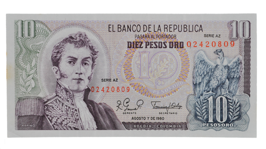 1980 Colombia 10 Peso Oro Note - Series AZ - Uncirculated (UNC) - 1980 Colombian Banco de la Republica Ten Pesos Oro Banknote - P#407h