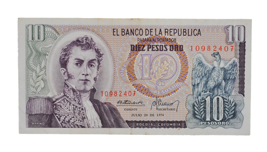 1974 Colombia 10 Peso Oro Note - Dot Date Error (1.974) - 1974 Colombian Banco de la Republica Ten Pesos Oro Banknote - P#407e