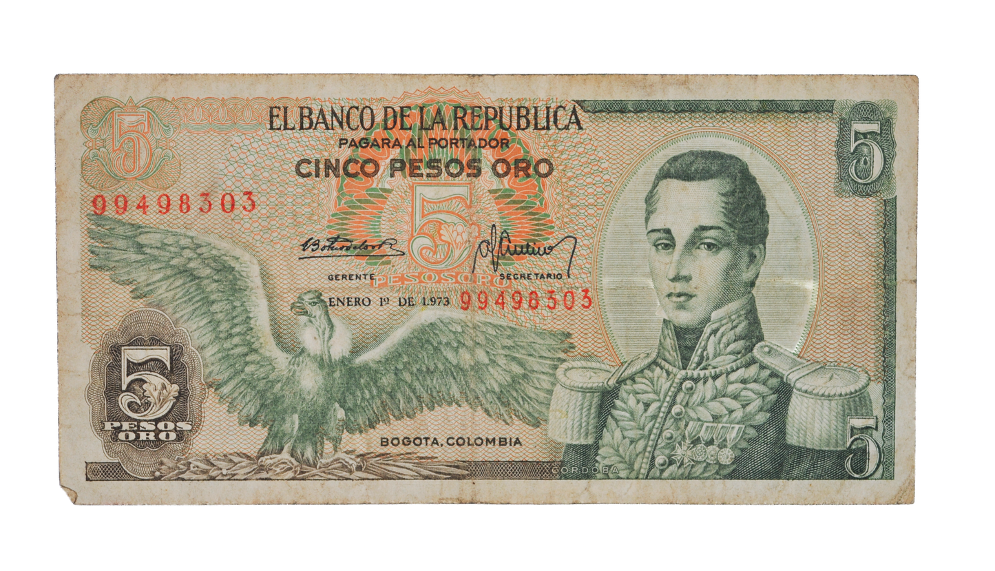 1973 Colombia 5 Peso Oro Note - Dot Date Error (1.973) - 1973 Colombian Banco de la Republica Five Pesos Oro Banknote - P#406e