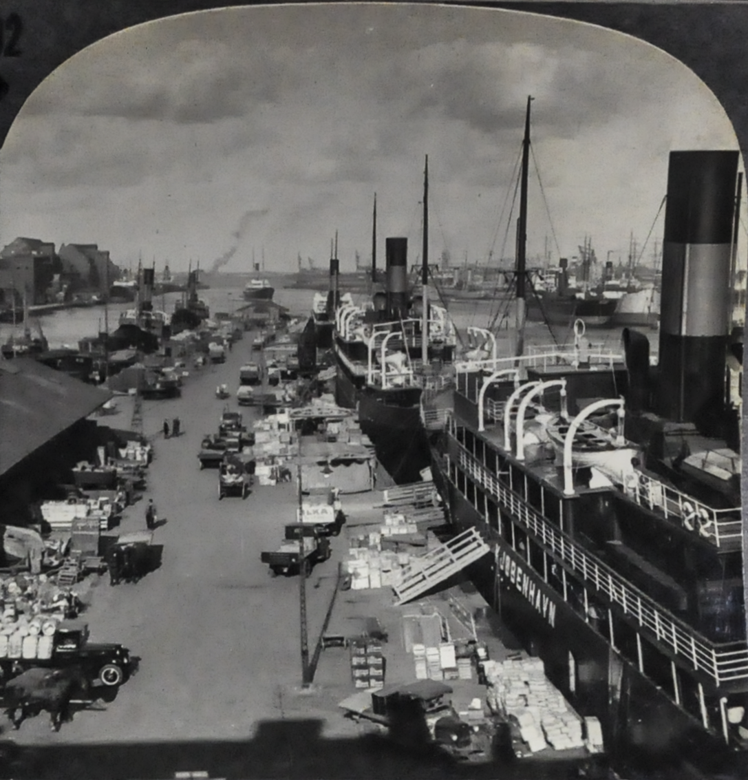 Antique Keystone Stereoview of Copenhagen Harbor, Denmark - No. 27830T - 1930s World Tour Series Copenhagen Ship Harbor Photo Card