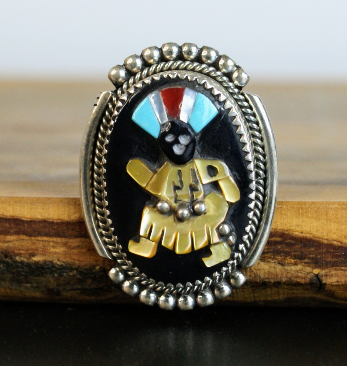 Beverly Etsate Zuni Apache Crown Dancer Kachina Ring - Size 7.5 - Multi-stone Inlay - Vintage Sterling Silver Zuni Gaan Dancer Kachina Ring