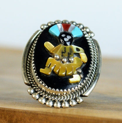 Beverly Etsate Zuni Apache Crown Dancer Kachina Ring - Size 7.5 - Multi-stone Inlay - Vintage Sterling Silver Zuni Gaan Dancer Kachina Ring