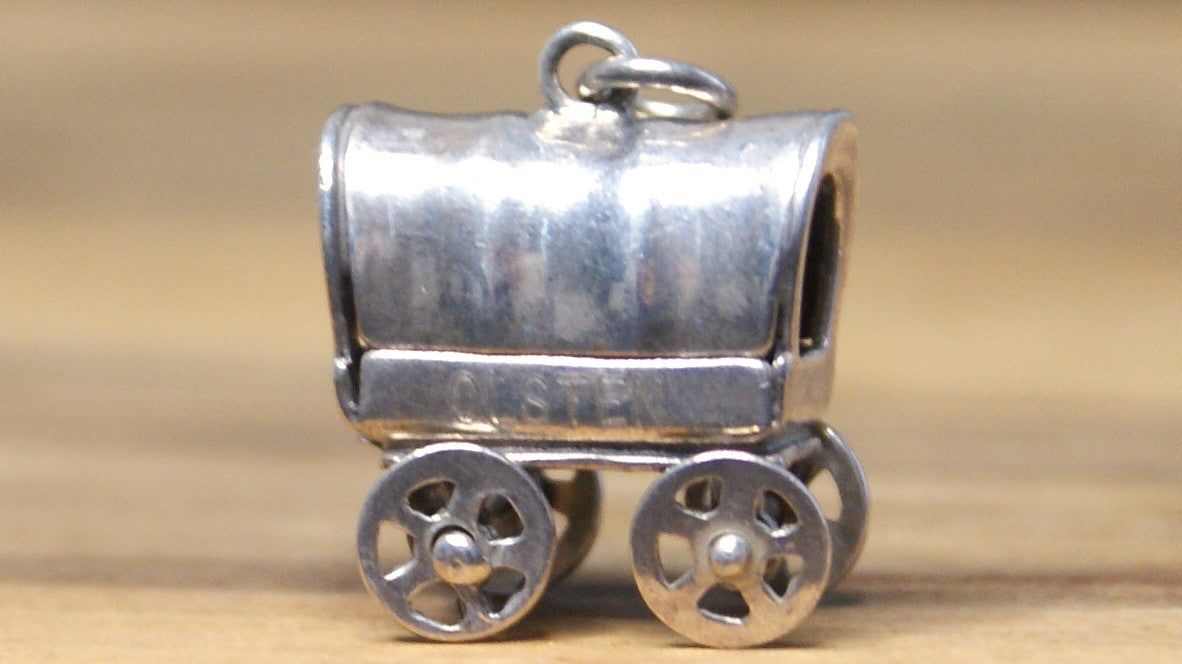 Vintage Sterling Silver 3D Covered Wagon Charm Moving Wheels .925 Pendant - 925 Sterling Silver Old West Wagon Charm