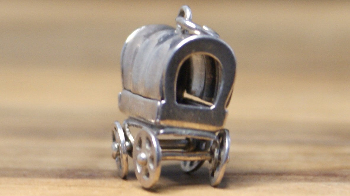 Vintage Sterling Silver 3D Covered Wagon Charm Moving Wheels .925 Pendant - 925 Sterling Silver Old West Wagon Charm
