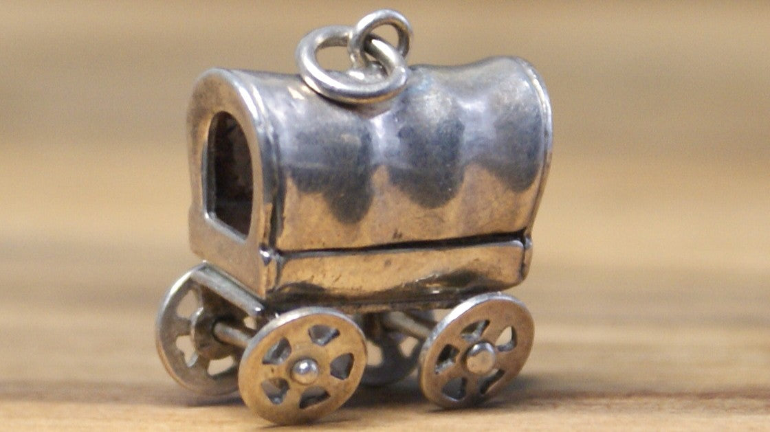 Vintage Sterling Silver 3D Covered Wagon Charm Moving Wheels .925 Pendant - 925 Sterling Silver Old West Wagon Charm
