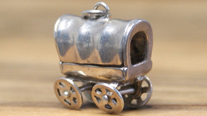 Vintage Sterling Silver 3D Covered Wagon Charm Moving Wheels .925 Pendant - 925 Sterling Silver Old West Wagon Charm