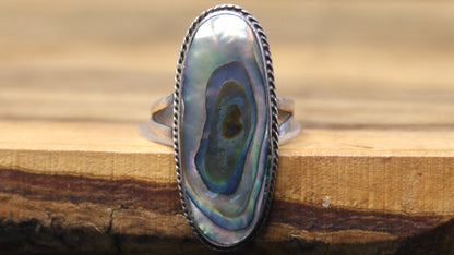 Vintage Mexican Taxco .925 Sterling Silver Abalone Shell Statement Ring Size 6 - Mid-Century Modernist Oval Abalone Shell Inlay Ring, Split Shank, Size 6