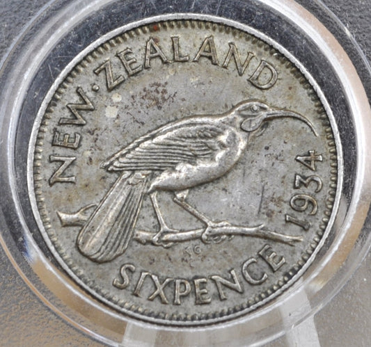 1934 New Zealand Silver Sixpence - Great Condition, XF - 50% Silver - 1934 New Zealand Six pence 6 Pence 1934