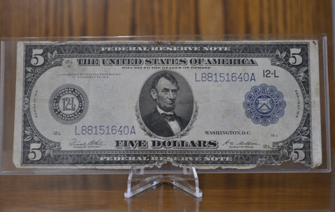 1914 5 Dollar Federal Reserve Note Large Size Fr891 - Cull Grade - San Francisco 1914 Five Dollar Bill Large Note 1914 SF Fr#891