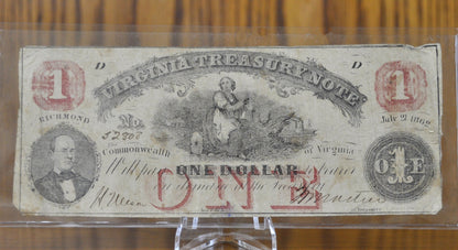 1862 Virginia Treasury 1 Dollar Paper Banknote - Fine Condition - Virginia Obsolete Currency - One Dollar 1862 Virginia
