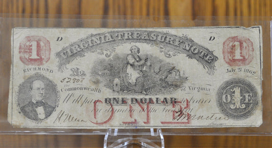 1862 Virginia Treasury 1 Dollar Paper Banknote - Fine Condition - Virginia Obsolete Currency - One Dollar 1862 Virginia