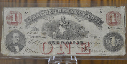1862 Virginia Treasury 1 Dollar Paper Banknote - Fine Condition - Virginia Obsolete Currency - One Dollar 1862 Virginia