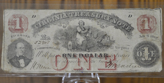 1862 Virginia Treasury 1 Dollar Paper Banknote - Fine Condition - Virginia Obsolete Currency - One Dollar 1862 Virginia