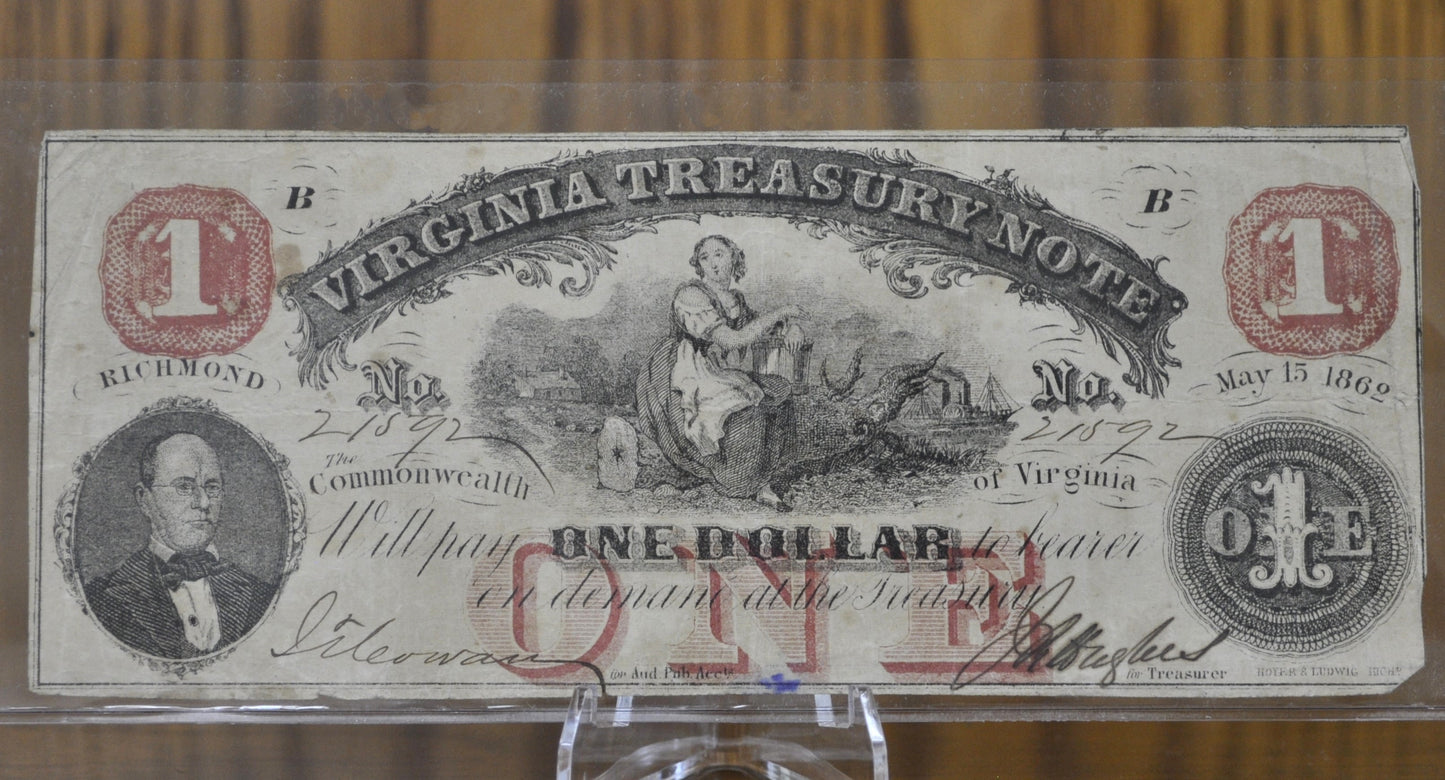 1862 Virginia Treasury 1 Dollar Paper Banknote - Very Fine Condition - Virginia Obsolete Currency - One Dollar 1862 Virginia
