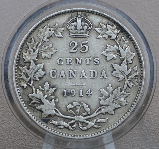 1914 Canadian Silver Quarter - VF (Very Fine) Grade - King George V - 92.5% Silver Quarter Canada - Canadian Coin Collection, Higher Grade