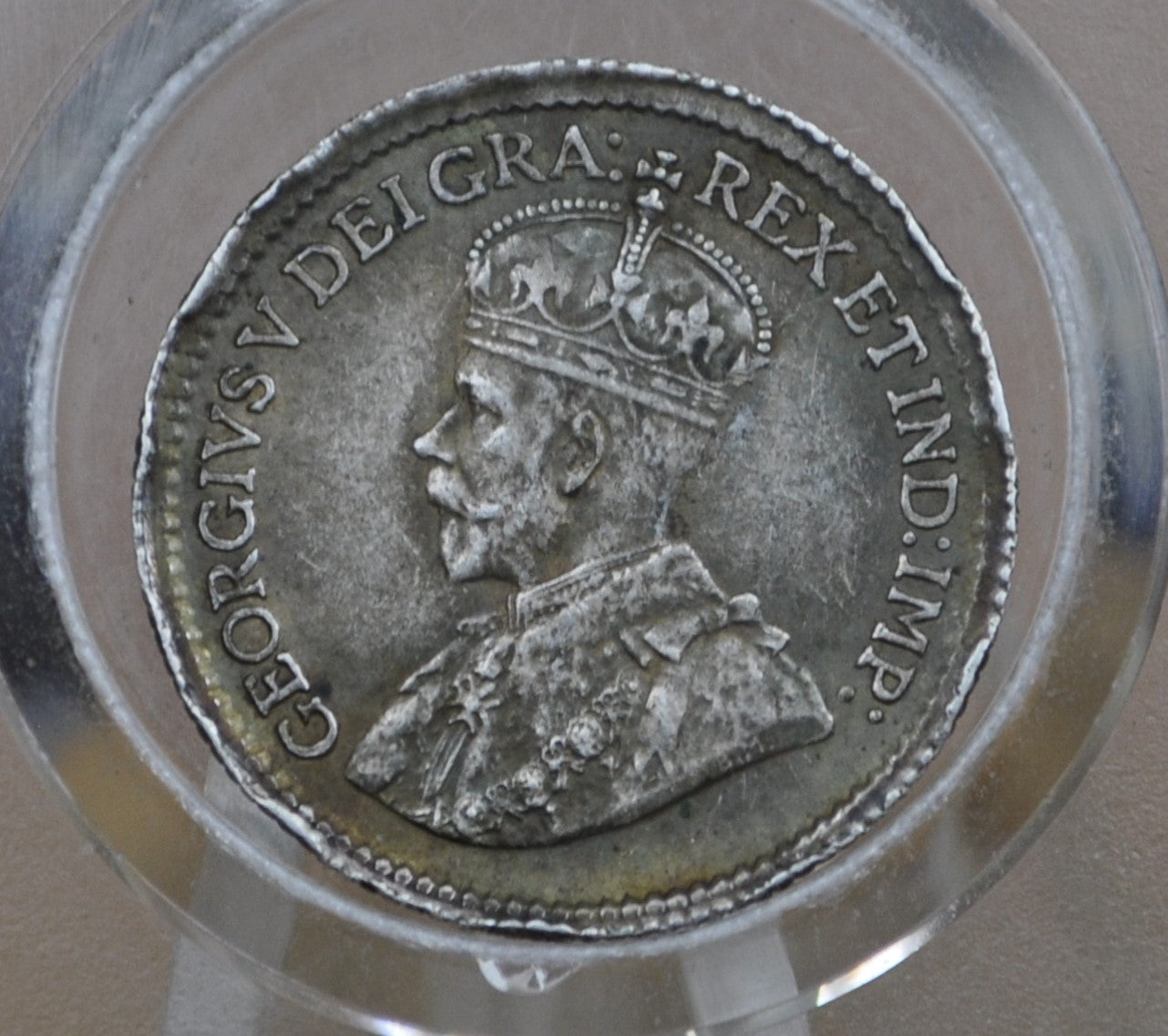 1914 Canadian Silver 5 Cent Coin - XF Detail, Dented Rim - King George - Canada 5 Cent Sterling Silver 1914 Canada
