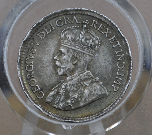 1914 Canadian Silver 5 Cent Coin - XF Detail, Dented Rim - King George - Canada 5 Cent Sterling Silver 1914 Canada