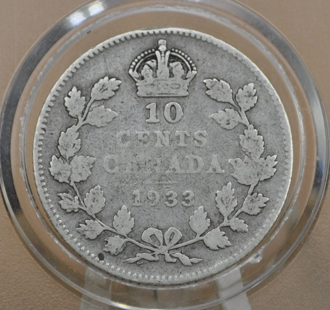 1933 Canadian Silver 10 Cent Coin - F (Fine) Condition - King George - Canada 10 Cent 80% Silver 1933 - Rarer Date, Low Mintage
