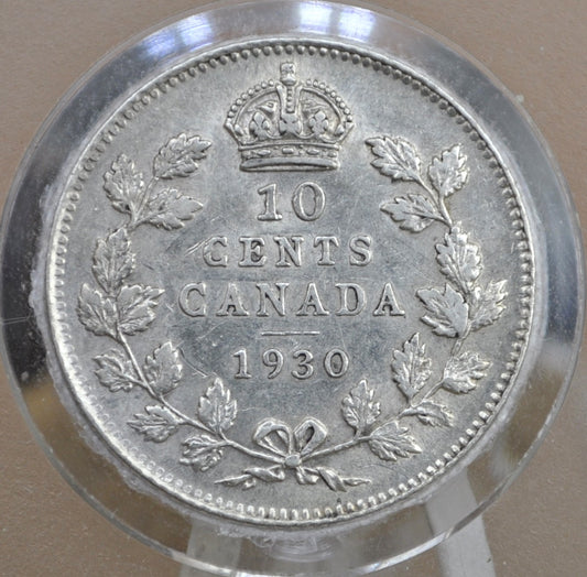 1930 Canadian Silver 10 Cent Coin - AU (About Uncirculated) Grade / Condition - King George V - Canada 10 Cent 80% Silver 1930, High Grade