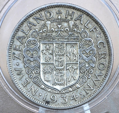 1934 New Zealand Silver Half Crown - AU - 50% Silver - 1934 New Zealand One Shilling