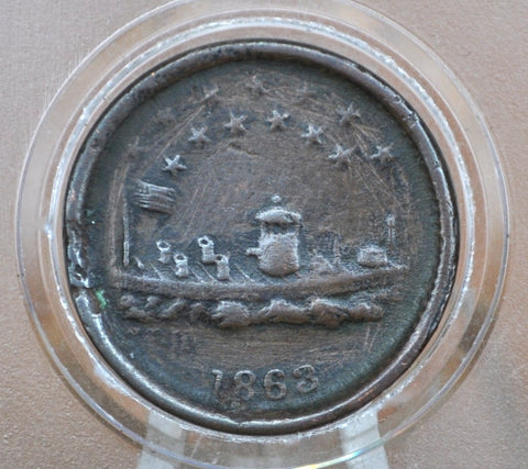 1863 Civil War Token - Our Navy - Circulated - Cool Civil War Token - Unique Design, Monitor Warship