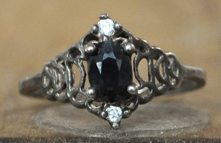 Vintage Style Dark Sapphire Sterling Silver Ring Sz 10.5 - Size 10.5 Sterling Silver Ring with Oval Sapphire and Cubic Zirconia Accents