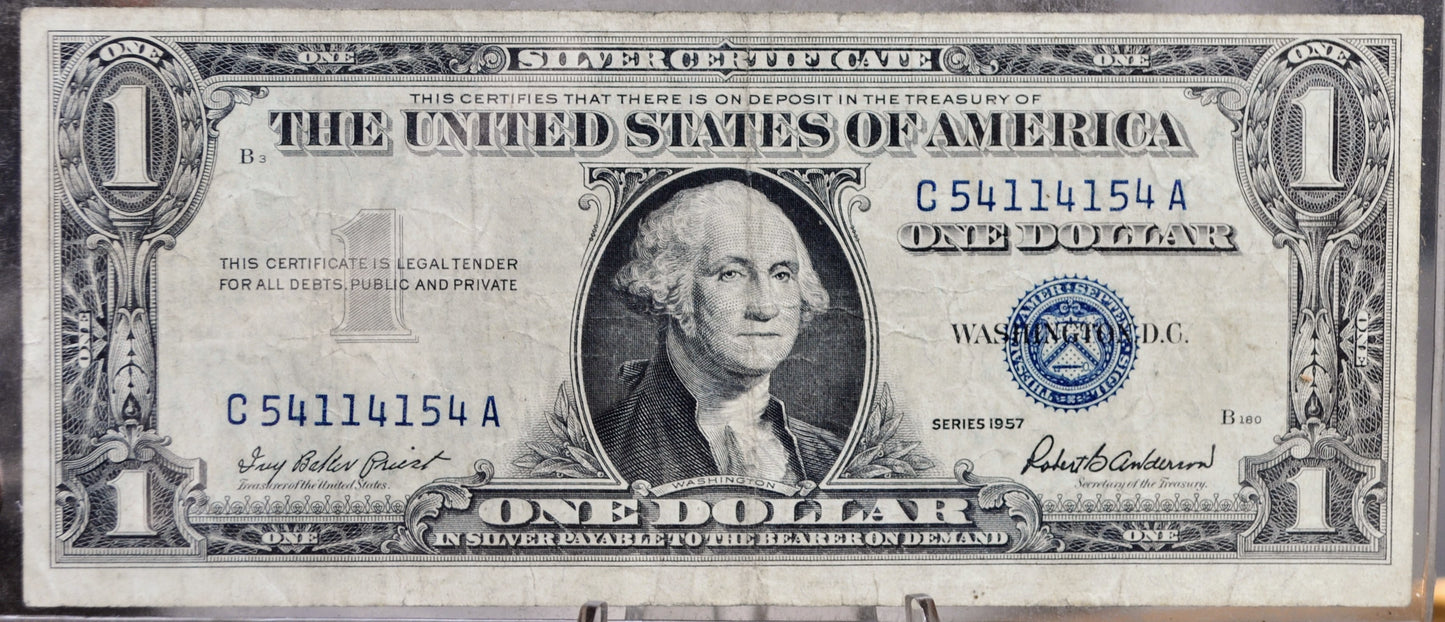 1957 Silver Certificate 1 Dollar Note - Fancy Trinary Bookend Serial Number - 54114154 - 1957 One Dollar Blue Seal Banknote - Fr#1619