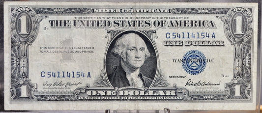 1957 Silver Certificate 1 Dollar Note - Fancy Trinary Bookend Serial Number - 54114154 - 1957 One Dollar Blue Seal Banknote - Fr#1619