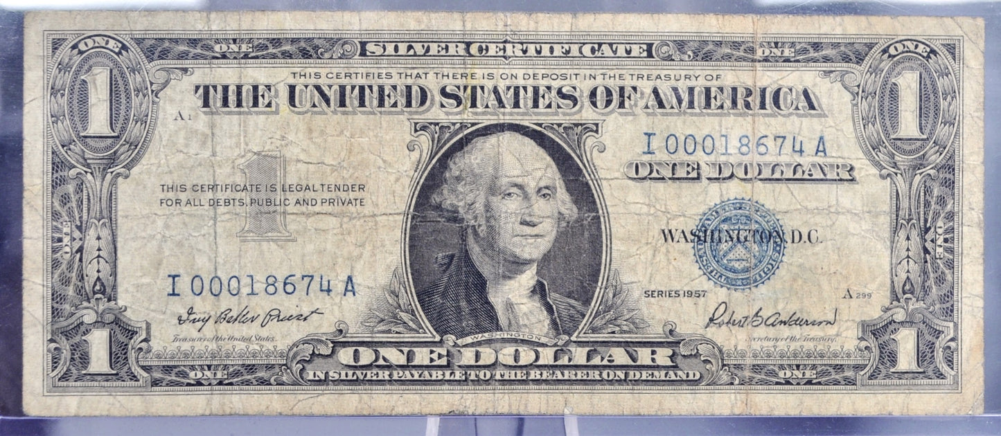 1957 Silver Certificate 1 Dollar Note - Low Serial Number - 00018674 - 1957 One Dollar Blue Seal Banknote - Fr#1619