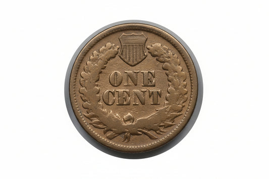 Gold-colored 'ONE CENT' coin with a shield emblem on a gray background
