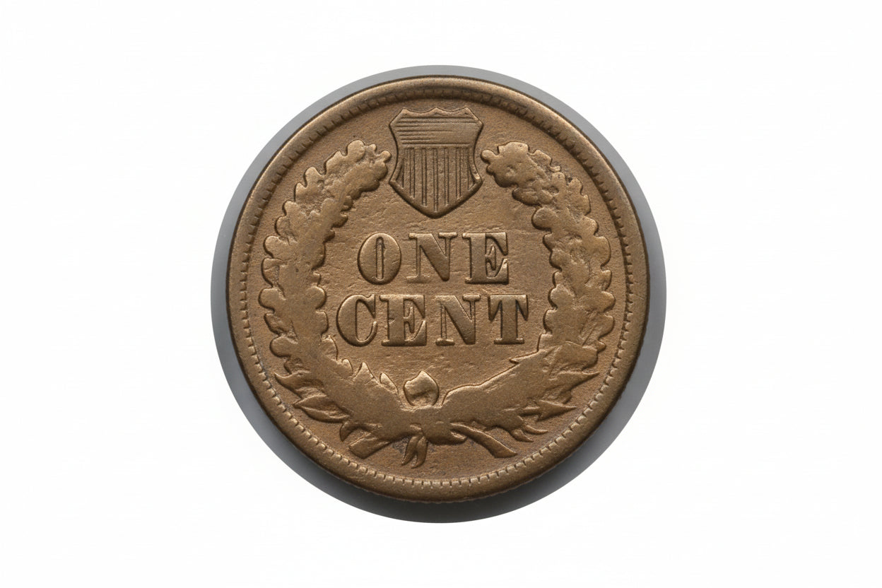 Gold-colored 'ONE CENT' coin with a shield emblem on a gray background