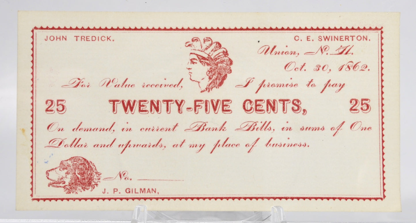 Oct. 30th, 1862 Tredick Swinerton Gilman 25 Cents Merchant Scrip - Red Type - UNC Remainder - Union NH Twenty Five Cent Obsolete Note