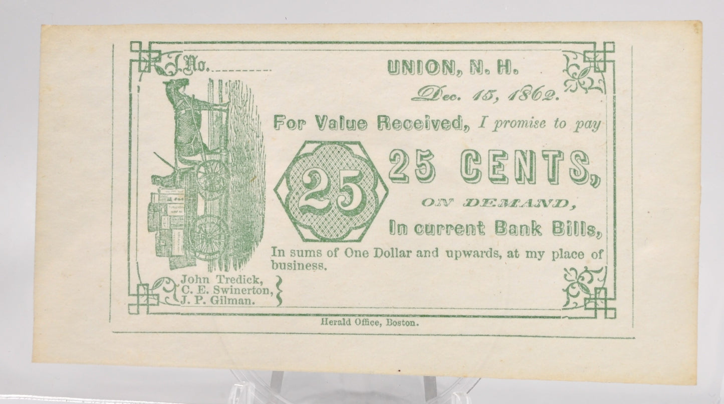 Dec. 15th, 1862 Tredick Swinerton Gilman 25 Cents Merchant Scrip - Green Type - UNC Remainder - Union NH Twenty Five Cent Obsolete Note