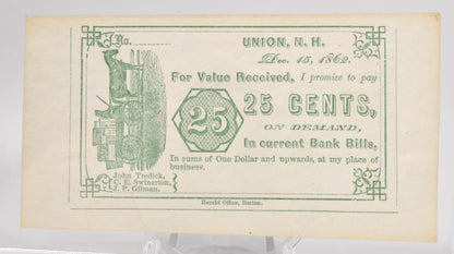 Dec. 15th, 1862 Tredick Swinerton Gilman 25 Cents Merchant Scrip - Green Type - UNC Remainder - Union NH Twenty Five Cent Obsolete Note