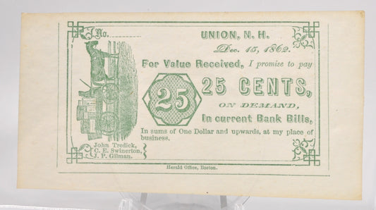 Dec. 15th, 1862 Tredick Swinerton Gilman 25 Cents Merchant Scrip - Green Type - UNC Remainder - Union NH Twenty Five Cent Obsolete Note