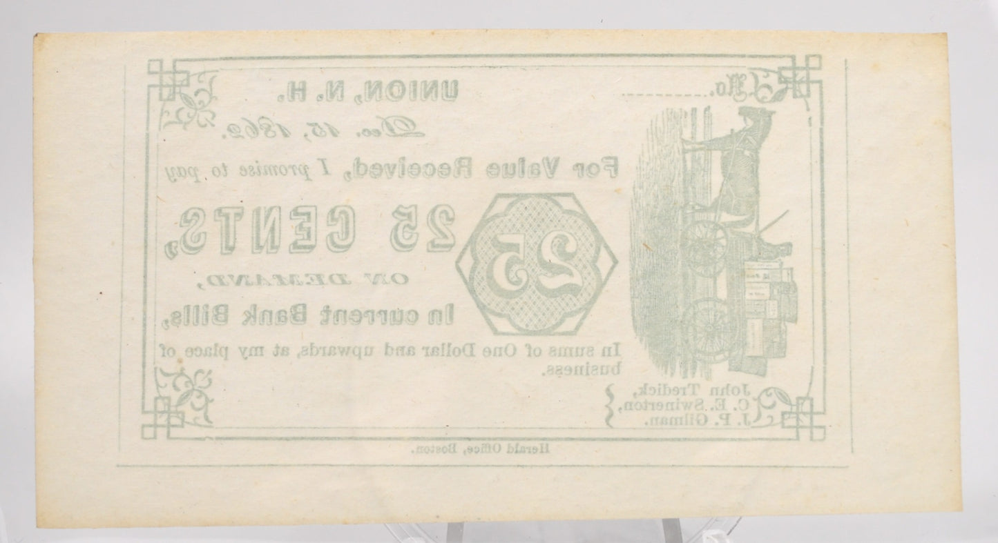 Dec. 15th, 1862 Tredick Swinerton Gilman 25 Cents Merchant Scrip - Green Type - UNC Remainder - Union NH Twenty Five Cent Obsolete Note