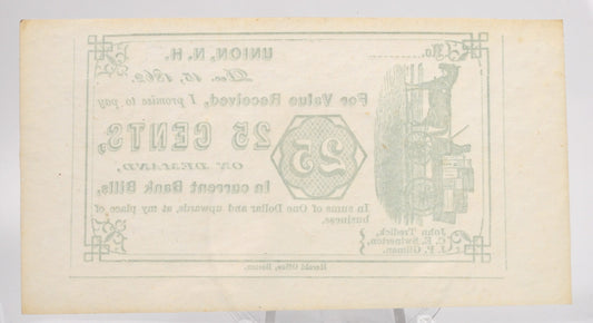 Dec. 15th, 1862 Tredick Swinerton Gilman 25 Cents Merchant Scrip - Green Type - UNC Remainder - Union NH Twenty Five Cent Obsolete Note