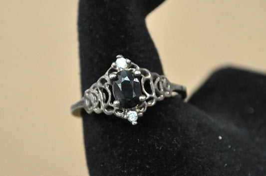 Vintage Style Dark Sapphire Sterling Silver Ring Sz 10.5 - Size 10.5 Sterling Silver Ring with Oval Sapphire and Cubic Zirconia Accents